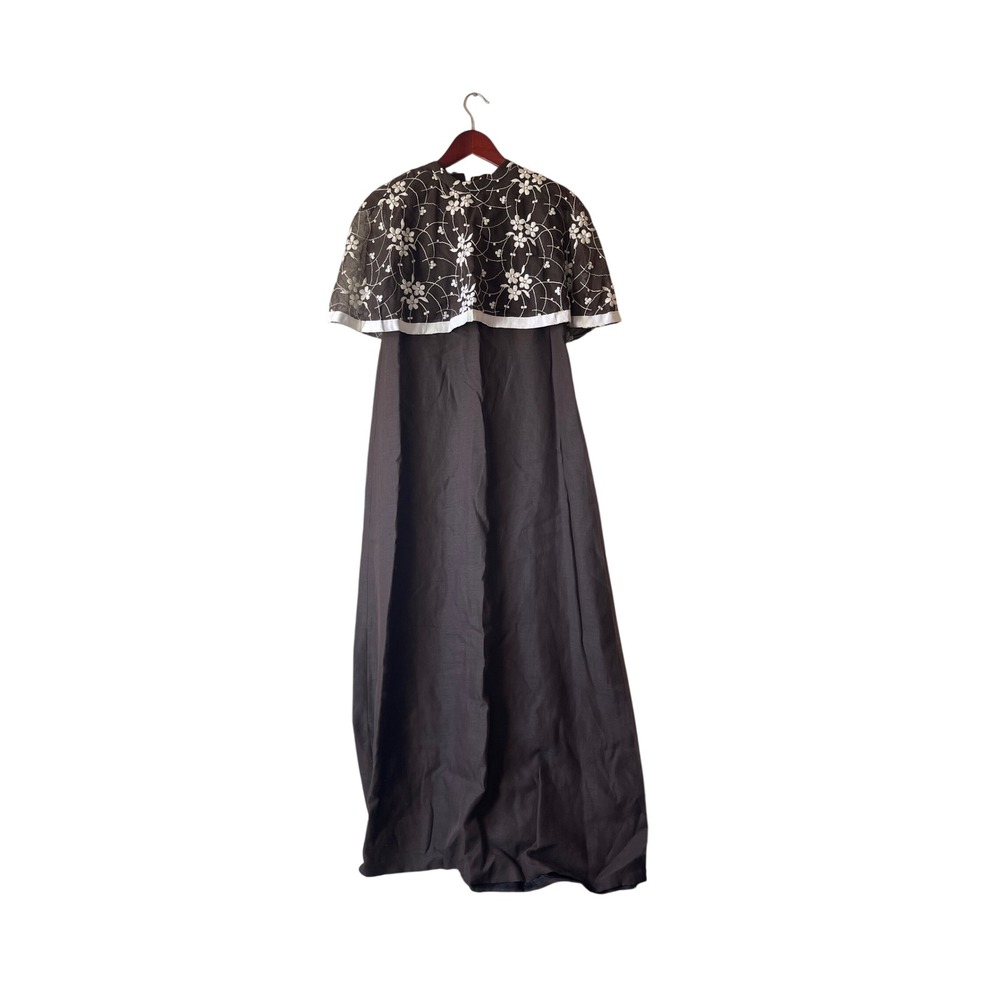 Vintage‎ 70s Brown Maxi Dress Floral Embroidered Capelet Overlay Size Xsmall